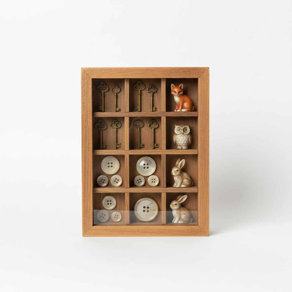 A professional product-style scene featuring a handmade collectible as the focal point: a meticulously crafted shadow box made from reclaimed wood, with a glass front and multiple small compartments inside holding miniature vintage objects, such as keys, buttons, and tiny ceramic animals. The wood frame has visible grain and a warm, natural stain, while the glass surface reflects subtle highlights. The shadow box is positioned upright on a seamless white backdrop, with a faint, soft-edged shadow behind it. Even, diffused studio lighting reveals every detail without glare. Photographed straight-on in photographic realism with sharp focus throughout, the composition is centered and uncluttered, ideal for an online catalog. The mood is professional, clean, and refined, emphasizing quality craftsmanship and the charm of curated resale pieces.