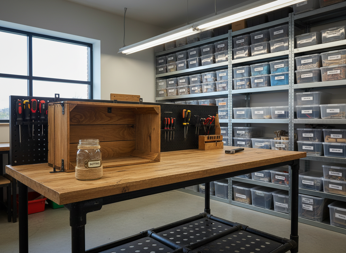 A small, well-organized corner of a resale workspace featuring a sturdy industrial-style workbench with a smooth, worn wooden surface, neatly arranged tools, and several repurposed items in progress. On the bench sits an old wooden crate being transformed into a rustic shelf, sanded smooth with visible grain, alongside a glass mason jar being converted into a decorative storage container. Shelving in the background holds categorized bins of hardware and saved materials. Bright but diffused workshop lighting from overhead and a side window creates even illumination with soft, practical shadows. Photographed at an eye-level angle in photographic realism, the composition emphasizes structure and order, conveying a professional, hands-on environment dedicated to giving items a second life.