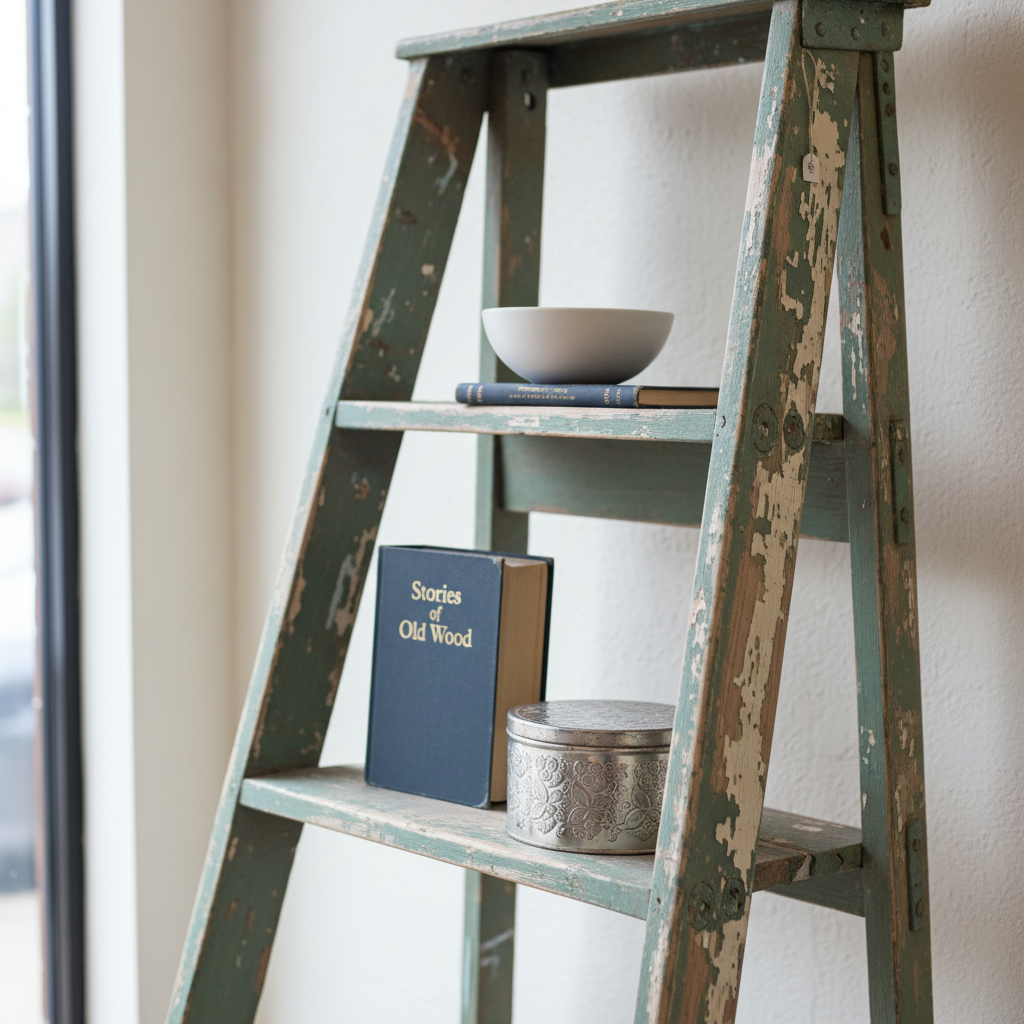 A close-up photographic realism shot of a single repurposed item that embodies the business concept: an old wooden ladder transformed into a stylish shelving unit. The ladder’s original paint is slightly chipped, revealing layers of color and raw wood beneath, but the surfaces are carefully cleaned and sealed. Its rungs now support neatly arranged small collectible objects like a smooth ceramic bowl, a gently used hardcover book, and a metal tin with decorative embossing. The ladder stands against a plain, off-white wall inside a tidy resale space. Soft, indirect natural light from a nearby window creates gentle highlights along the edges and emphasizes the wood grain. Captured from a slightly low angle with a shallow depth of field, the focus rests on the middle rungs, suggesting creativity, professionalism, and thoughtful reuse.