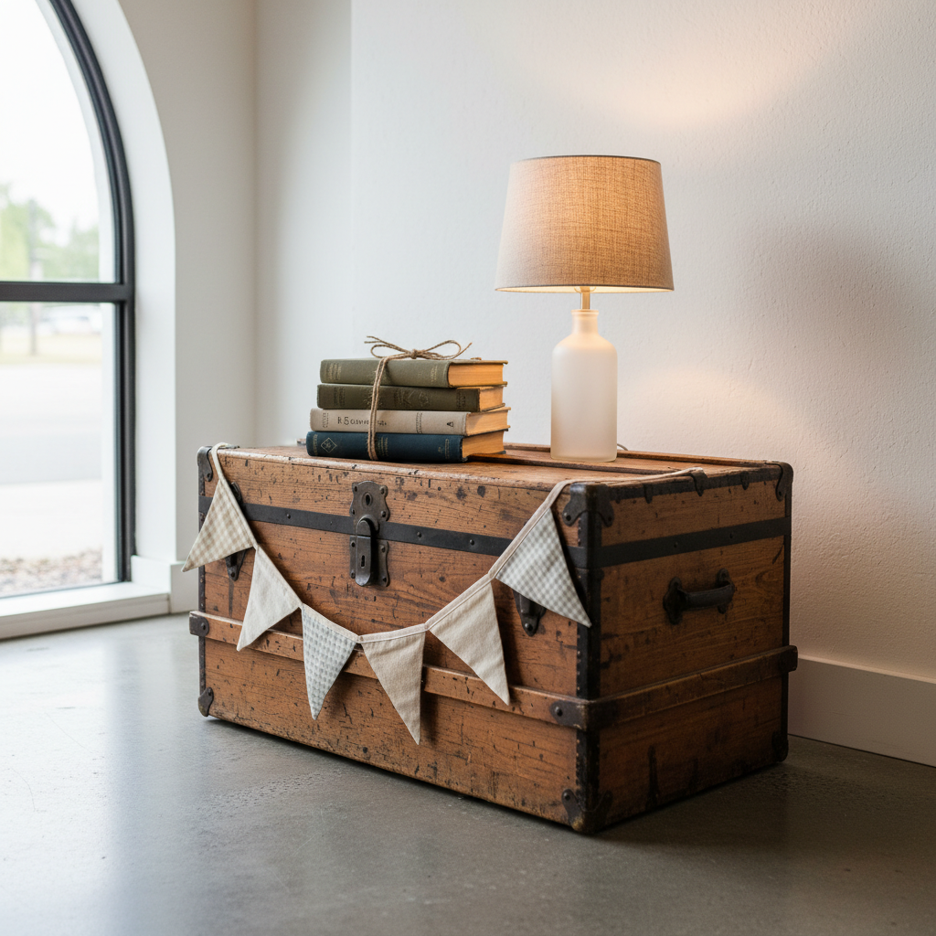 An inviting entry display for a resale and repurposing business, composed of a vintage wooden trunk used as a low table, topped with an arrangement of items: a stack of gently worn hardback books tied with a twine bow, a small upcycled glass bottle lamp with a neutral fabric shade, and a handmade fabric bunting draped along the edge of the trunk. The setting is a clean, well-lit showroom with neutral flooring and a minimal backdrop, allowing the pieces to stand out. Soft, warm overhead lighting mixes with mild natural light from a nearby window, casting delicate shadows and enhancing textures in the fabric and wood. Captured from a slightly elevated three-quarter angle in photographic realism, the composition feels welcoming, professional, and perfectly suited to showcase the brand’s mix of used, repurposed, and handmade items.