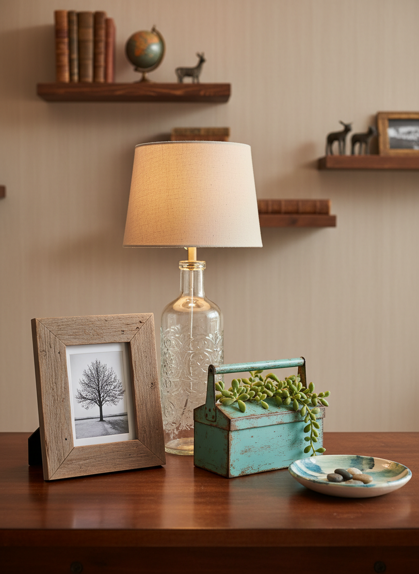 A polished wooden table neatly covered with an assortment of repurposed décor pieces and handmade collectibles, including a reclaimed wood picture frame, a glass bottle converted into a lamp base, a small upcycled metal toolbox used as a planter, and a hand-painted ceramic trinket dish. The table is set against a neutral, softly textured wall with floating shelves in the distance holding more curated resale items. Soft studio lighting from the left creates even, flattering illumination with subtle shadows that emphasize textures in the wood grain, metal patina, and brushstrokes. Captured from a slightly elevated angle in photographic realism, with a balanced composition that places the main items along the rule of thirds, the atmosphere is orderly, professional, and creatively resourceful.