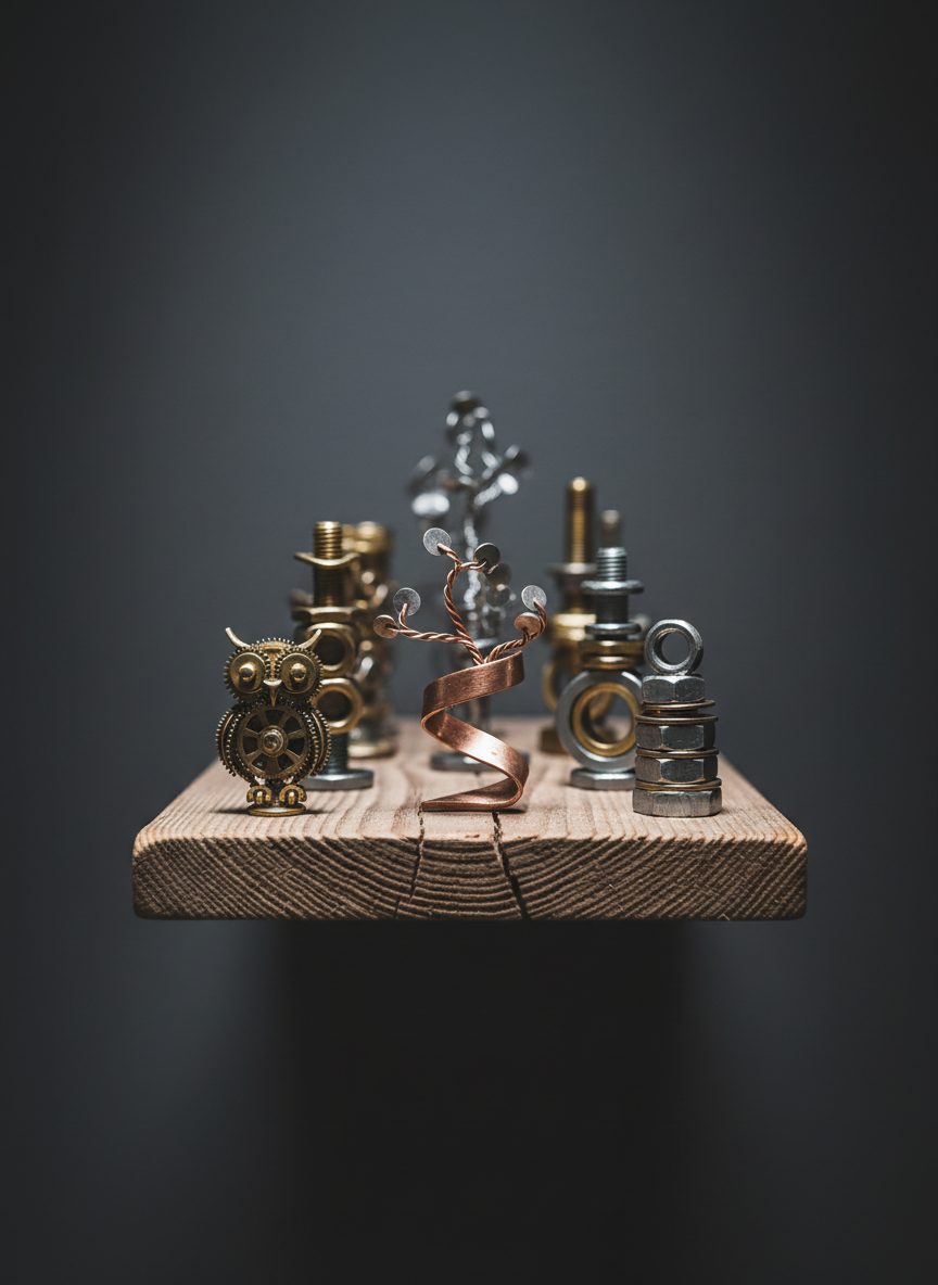 A niche, detailed scene highlighting a collection of small, meticulously crafted repurposed metal collectibles arranged on a narrow reclaimed wood plank floating shelf. The items include miniature sculptures made from old watch gears, polished bolts, and reclaimed wire, each with distinct shapes and subtle metallic finishes ranging from brushed steel to aged brass. The shelf’s wood shows a smooth but weathered surface with visible grain and a soft matte finish. The background is a deep, softly blurred charcoal wall that contrasts with the metals. Focused, directional spotlighting from above and slightly to the front creates dramatic yet professional highlights and crisp but controlled shadows. Photographed in photographic realism from a straight-on perspective with shallow depth of field, the mood is refined, slightly industrial, and showcases the artistry of turning discarded pieces into collectible treasures.