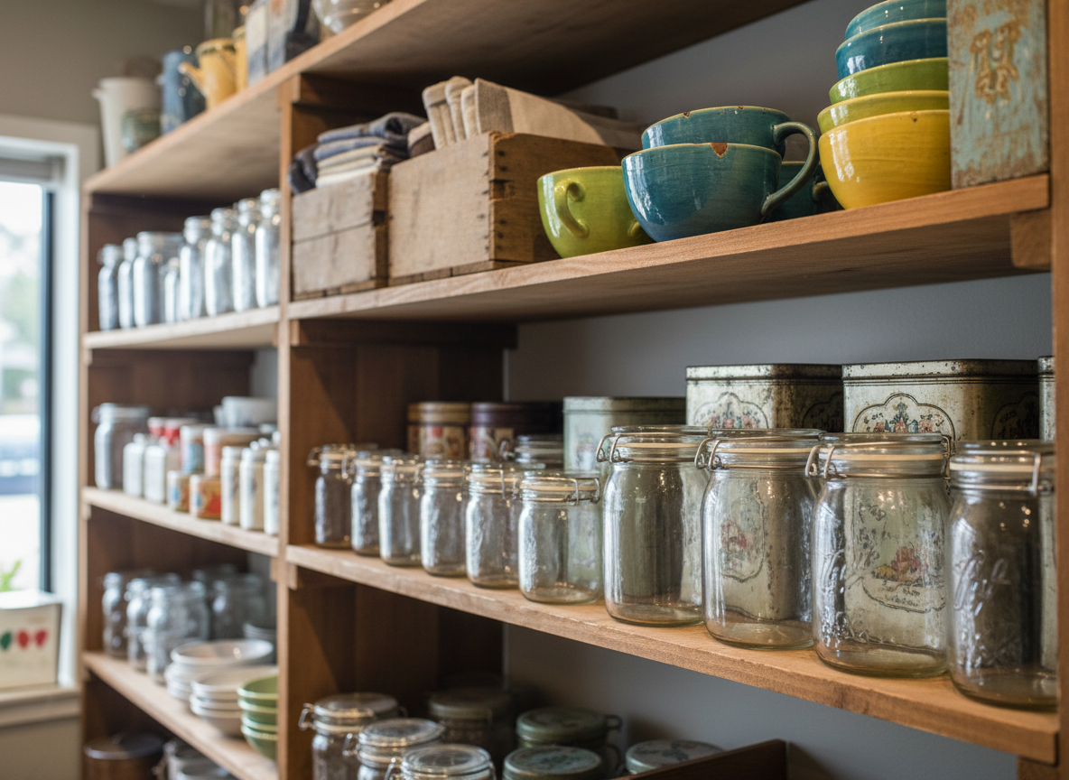 A carefully arranged display of used and repurposed household items on sturdy wooden shelving, featuring a mix of vintage glass jars, gently worn metal tins, distressed wooden boxes, and a few brightly colored handmade ceramic pieces. Each object shows subtle signs of age, like soft scuffs and patina, yet appears clean and well cared for. The scene is set inside a tidy resale shop with organized shelves fading into a softly blurred background. Warm, diffused overhead lighting and a touch of natural window light create gentle highlights on glass and metal surfaces, casting soft shadows. Photographed at eye level in photographic realism with sharp focus on the front row of items and a shallow depth of field, the mood feels professional, inviting, and full of hidden treasures.