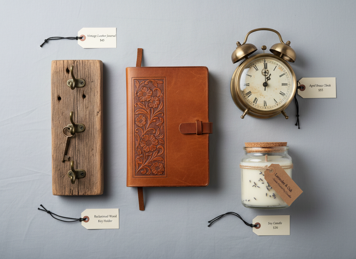 An organized flat lay composition of small resale treasures and handmade collectibles arranged on a clean, light gray backdrop. The layout includes a gently used leather-bound journal, a repurposed key holder made from a section of reclaimed barn wood, a vintage-style brass clock with a softly aged face, a hand-poured soy candle in a reused glass jar, and several neatly labeled price tags. Overhead softbox lighting evenly illuminates the scene, minimizing harsh shadows and highlighting subtle textures in the leather, wood, and metal. The photographic realism emphasizes crisp details and a professional, catalog-style presentation. The mood is clean, trustworthy, and methodical, perfect for showcasing a diverse yet cohesive selection of resale and repurposed goods for an online business.