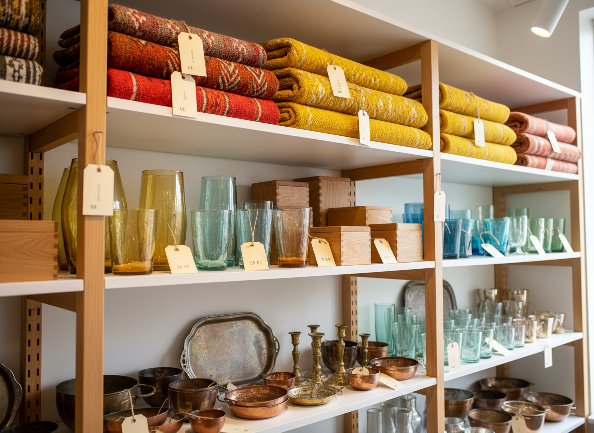 A bright, orderly shelving unit inside a professional resale shop, filled with color-coordinated used and repurposed items. The shelves hold folded vintage textiles with visible weave, glass vases with slight imperfections that catch the light, small handmade wooden boxes with clean joinery, and a few metal décor pieces with soft patina. Each item is tagged with simple, uniform labels. Natural light flows in from a large unseen window to the right, mixing with soft ceiling lighting to create a balanced, even glow and gentle reflections on glass. Photographed at a slight angle in photographic realism to reveal depth along the shelves, the composition uses the rule of thirds and moderate depth of field to keep most items in focus, creating a professional, trustworthy, and curated atmosphere.