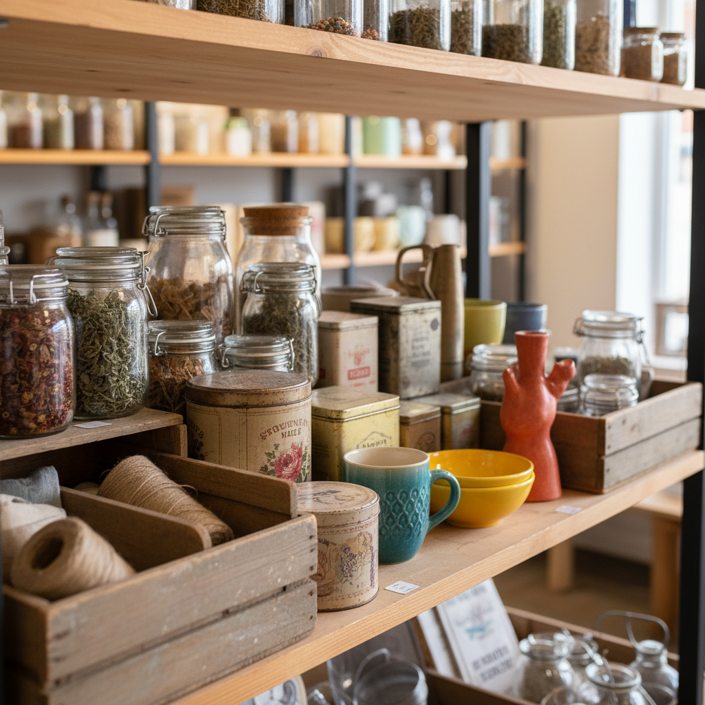 A carefully arranged display of used and repurposed household items on sturdy wooden shelving, featuring a mix of vintage glass jars, gently worn metal tins, distressed wooden boxes, and a few brightly colored handmade ceramic pieces. Each object shows subtle signs of age, like soft scuffs and patina, yet appears clean and well cared for. The scene is set inside a tidy resale shop with organized shelves fading into a softly blurred background. Warm, diffused overhead lighting and a touch of natural window light create gentle highlights on glass and metal surfaces, casting soft shadows. Photographed at eye level in photographic realism with sharp focus on the front row of items and a shallow depth of field, the mood feels professional, inviting, and full of hidden treasures.