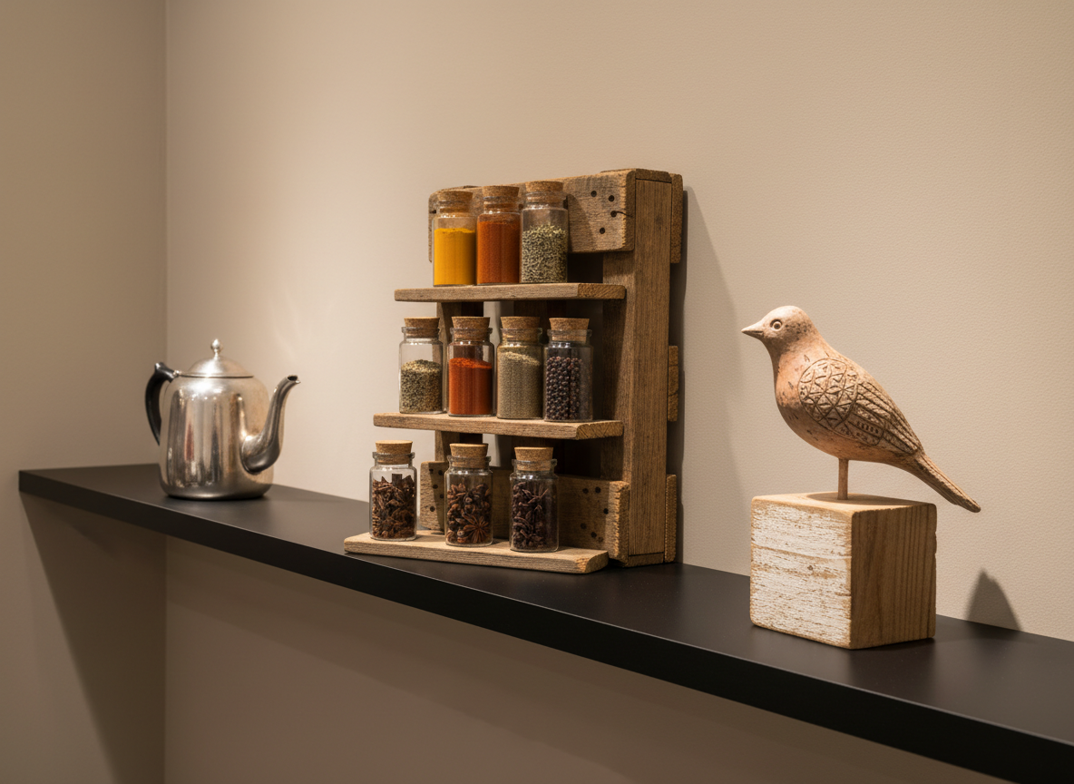 A curated display showcasing the contrast between used, repurposed, and handmade items on a long, narrow display shelf with a smooth matte-black surface. On one end, a slightly worn but polished silver teapot reflects soft highlights; in the middle, a repurposed wooden pallet segment has been carefully turned into a set of staggered mini-shelves holding glass spice jars; at the far end, a finely detailed handmade clay sculpture sits atop a small reclaimed wood pedestal. The background is a softly lit, neutral wall with a subtle gradient. Gentle, directional lighting from above and slightly behind creates refined shadows and a professional showroom feel. Captured in photographic realism from a side angle with a medium depth of field, the image feels sophisticated and thoughtfully curated.